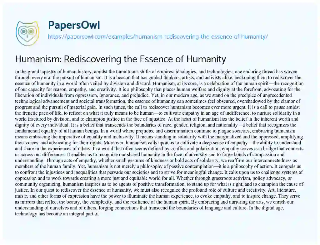 Essay on Humanism: Rediscovering the Essence of Humanity