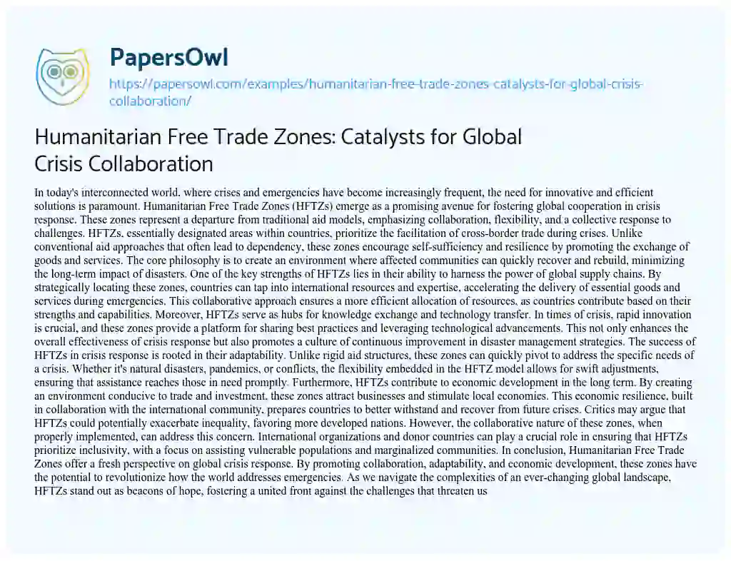 Essay on Humanitarian Free Trade Zones: Catalysts for Global Crisis Collaboration