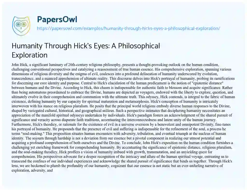 Essay on Humanity through Hick’s Eyes: a Philosophical Exploration