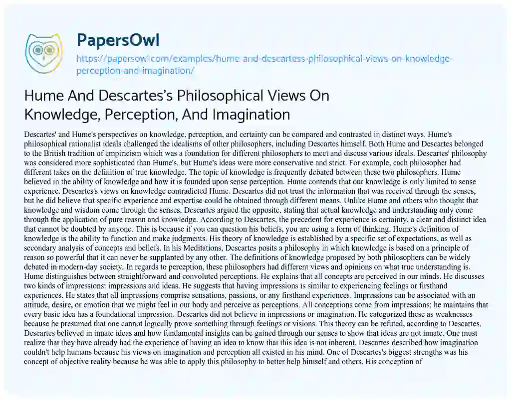 Essay on Hume and Descartes’s Philosophical Views on Knowledge, Perception, and  Imagination