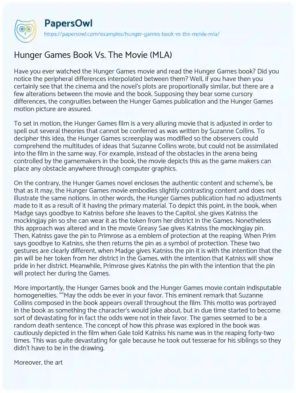 Essay on Hunger Games Book Vs. the Movie (MLA)