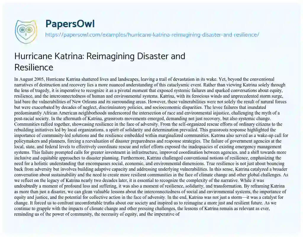 Essay on Hurricane Katrina: Reimagining Disaster and Resilience