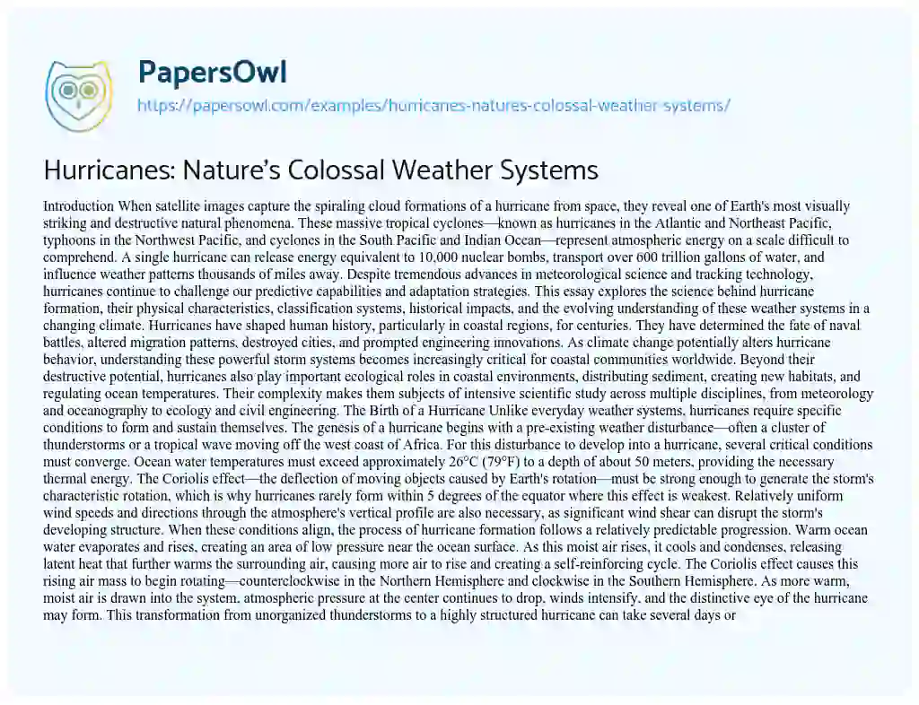 Essay on Hurricanes: Nature’s Colossal Weather Systems