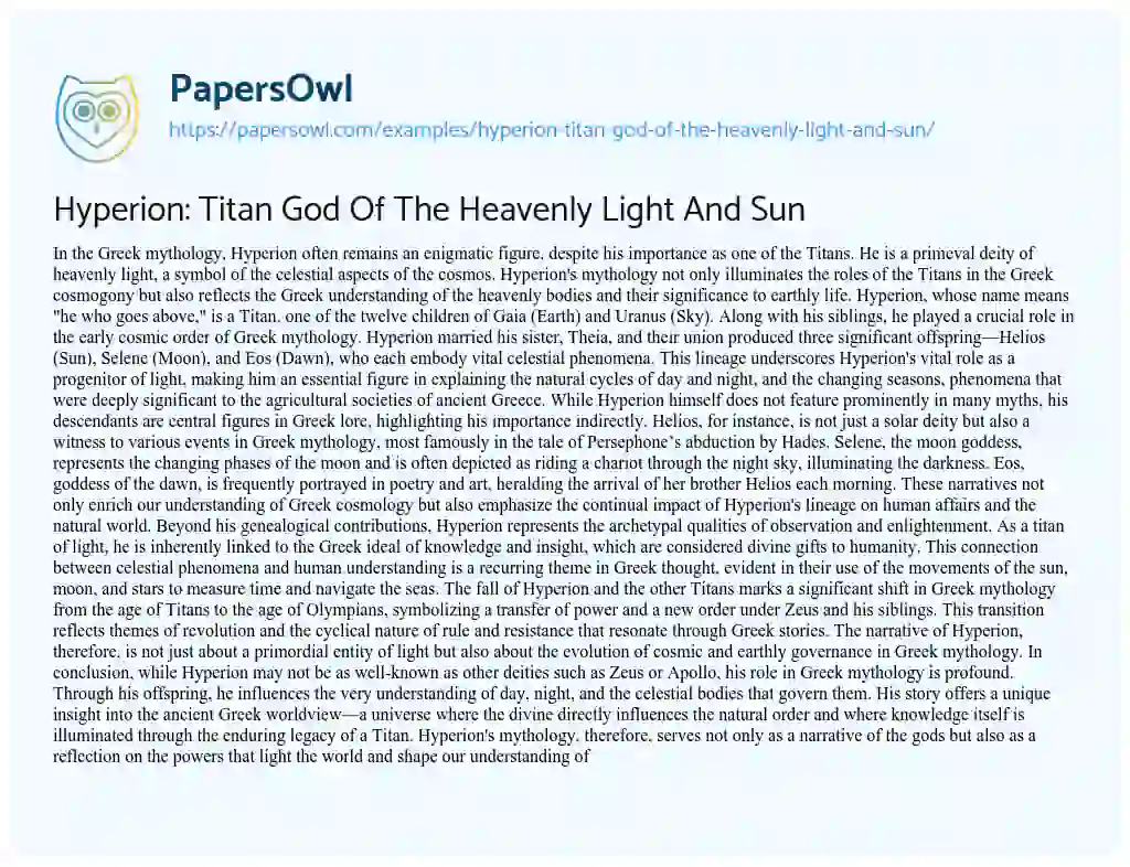 Essay on Hyperion: Titan God of the Heavenly Light and Sun