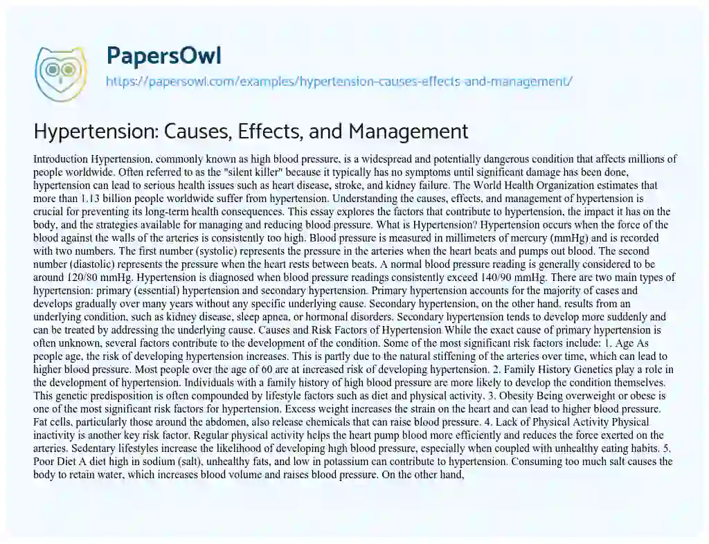 Essay on Hypertension: Causes, Effects, and Management