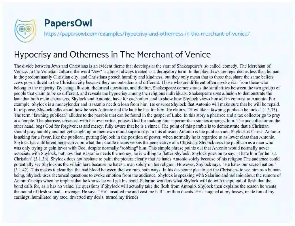 Essay on Hypocrisy and Otherness in the Merchant of Venice