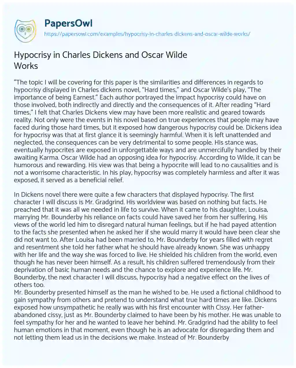 Essay on Hypocrisy in Charles Dickens and Oscar Wilde Works