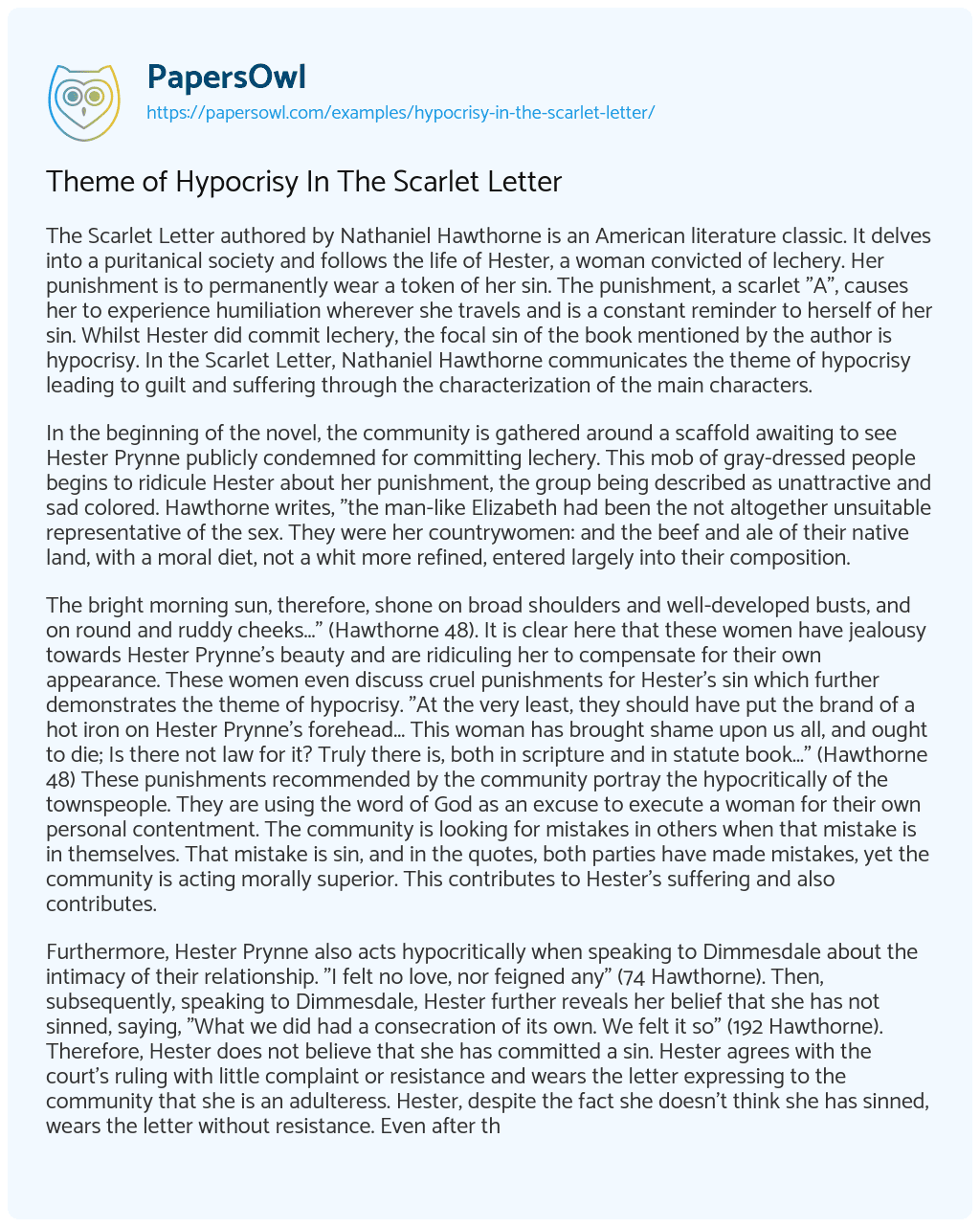 Essay on Theme of Hypocrisy in the Scarlet Letter