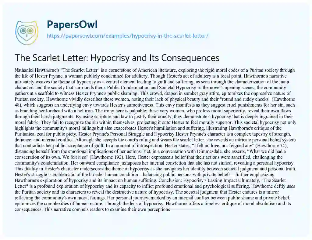 Essay on Theme of Hypocrisy in the Scarlet Letter