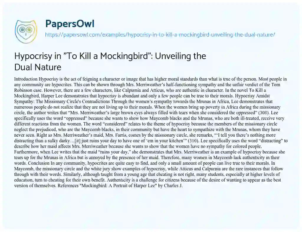 Essay on Hypocrisy in “To Kill a Mockingbird”: Unveiling the Dual Nature
