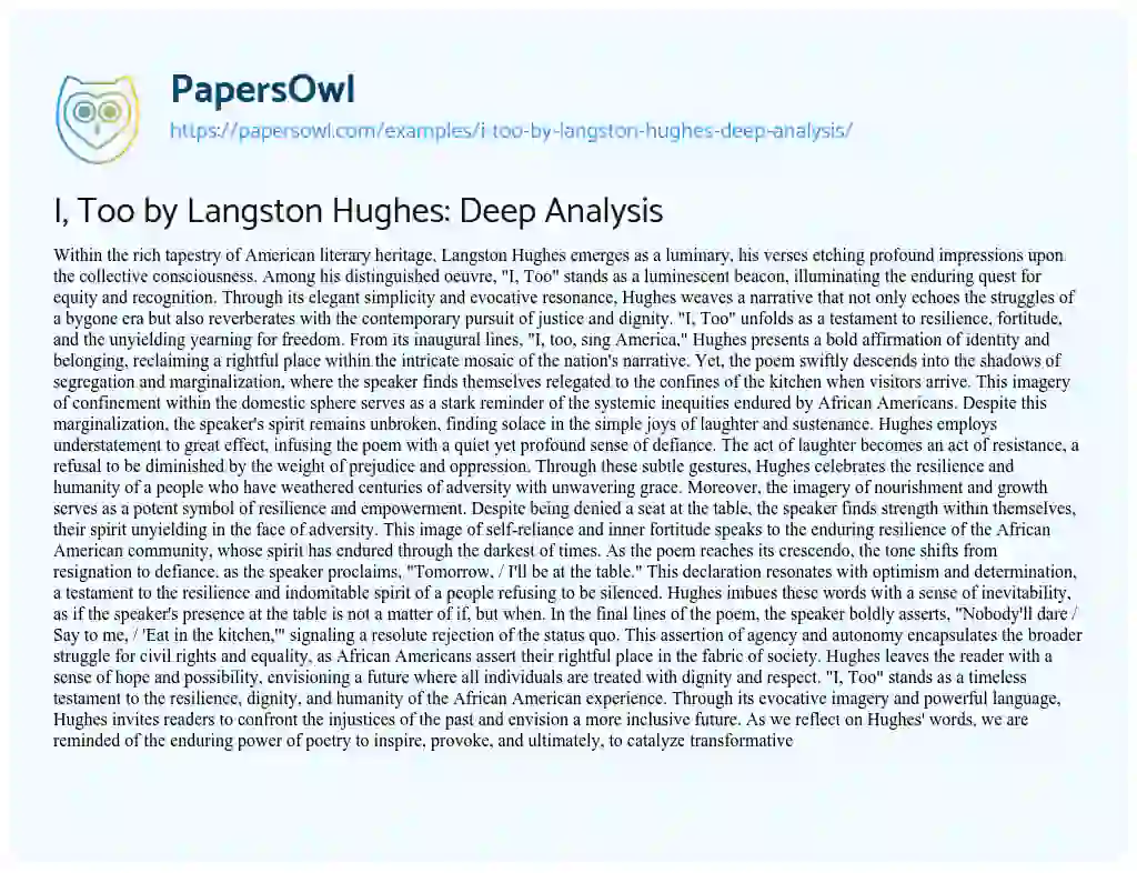 Essay on I, too by Langston Hughes: Deep Analysis