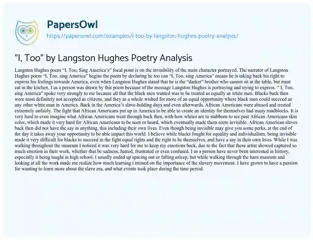 Essay on “I, Too” by Langston Hughes Poetry Analysis
