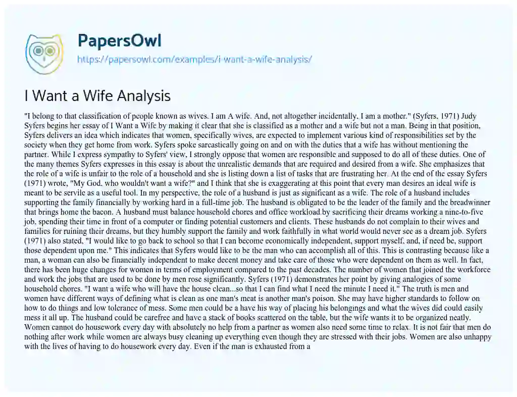 Essay on I Want a Wife Analysis