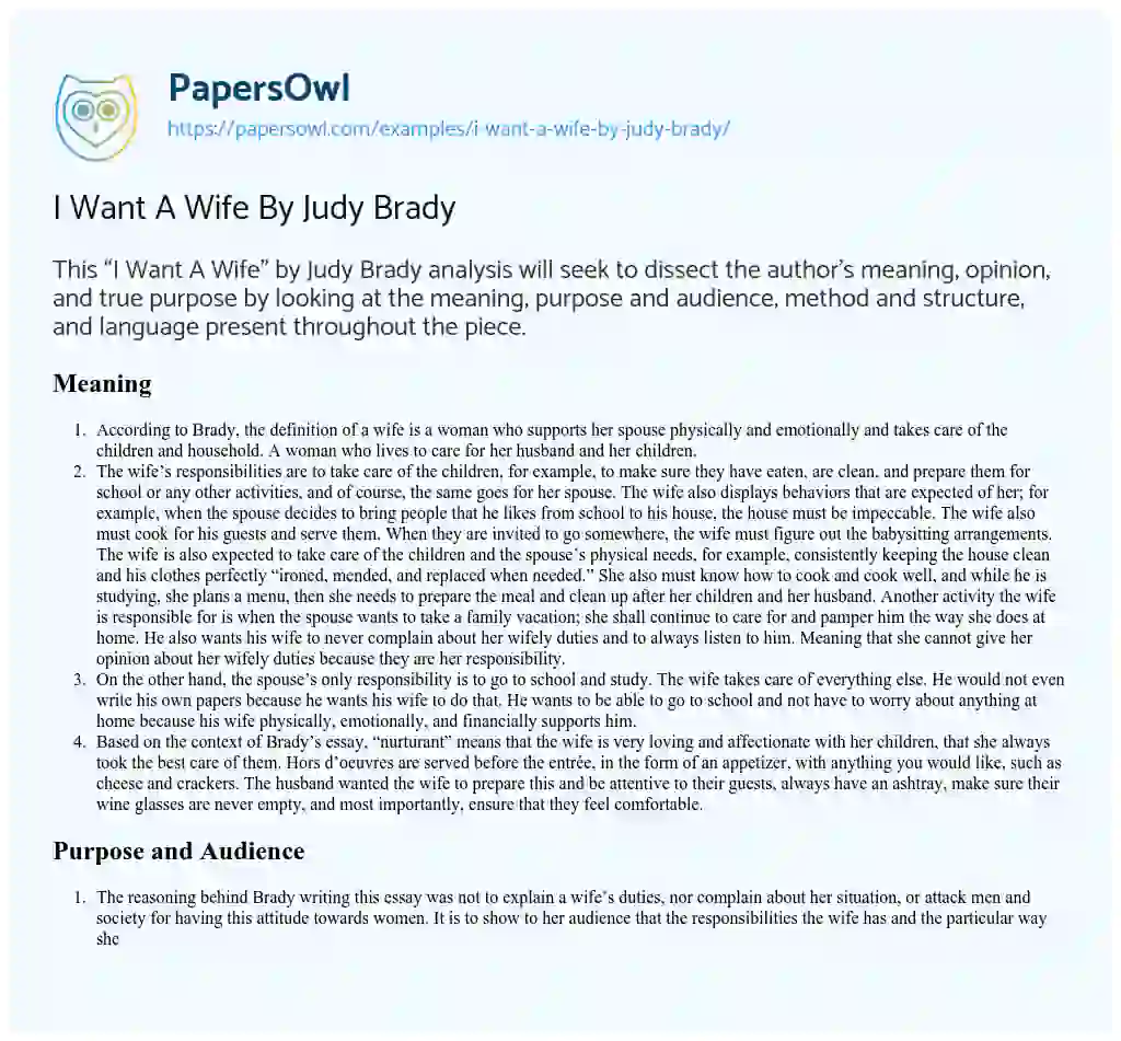 I Want a Wife by Judy Brady essay