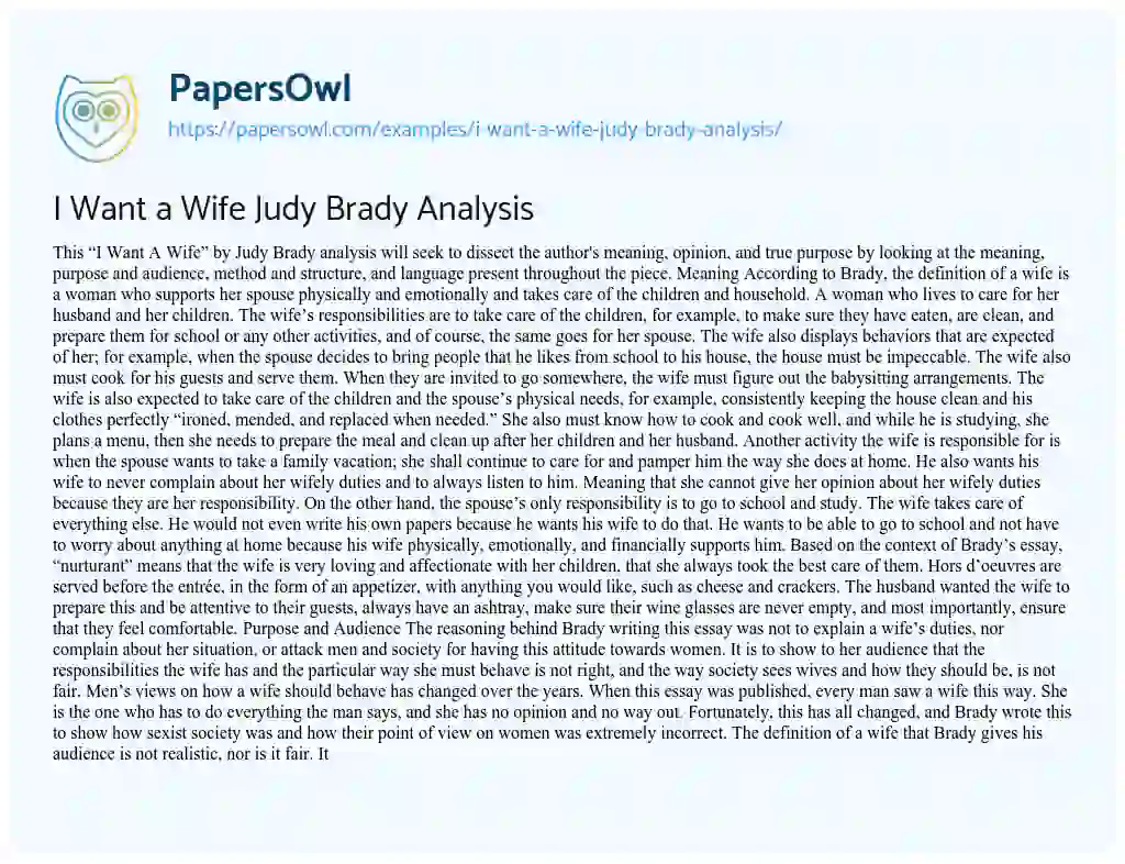 Essay on I Want a Wife Judy Brady Analysis
