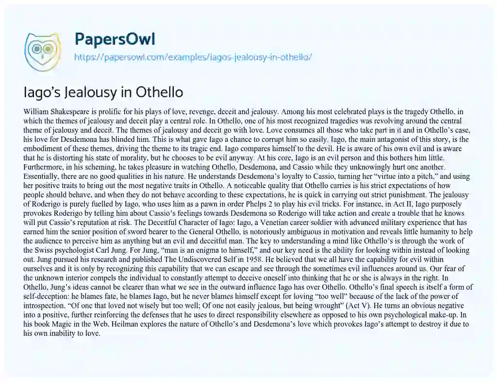 Essay on Iago’s Jealousy in Othello