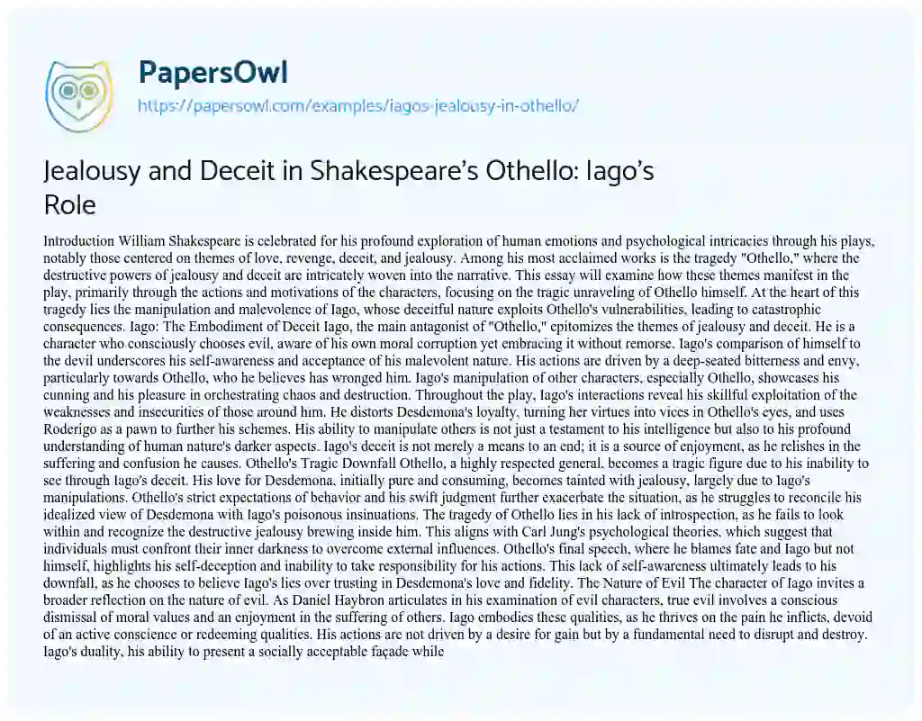 Essay on Iago’s Jealousy in Othello