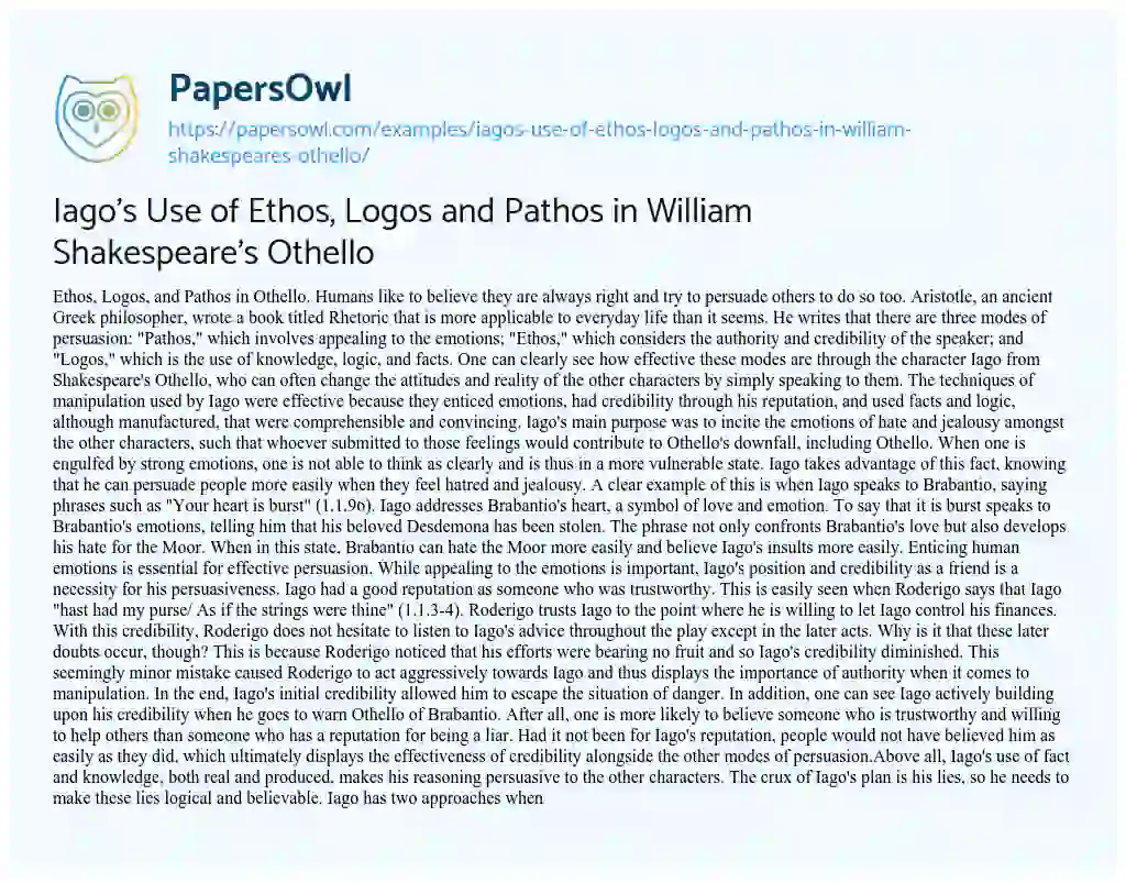 Essay on Iago’s Use of Ethos, Logos and Pathos in William Shakespeare’s Othello