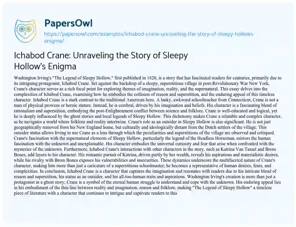 Essay on Ichabod Crane: Unraveling the Story of Sleepy Hollow’s Enigma