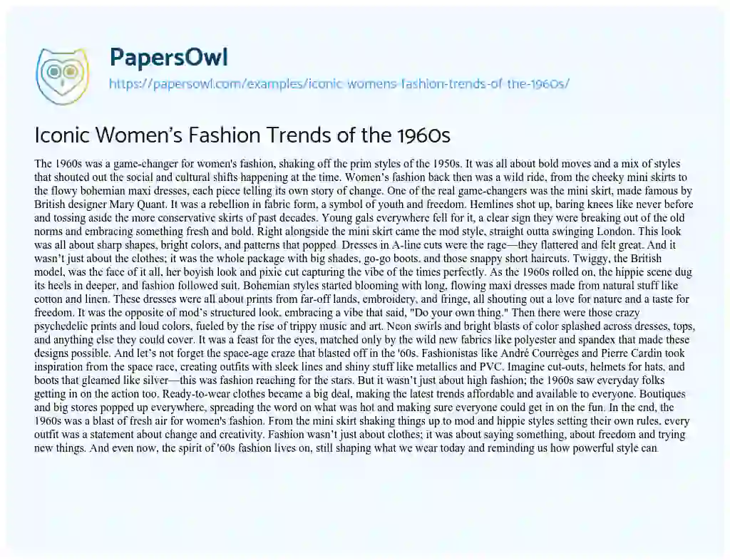 Essay on Iconic Women’s Fashion Trends of the 1960s