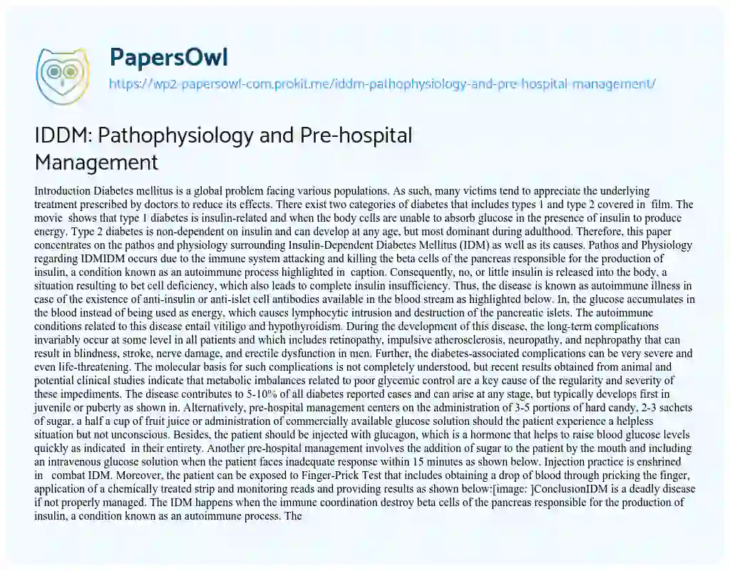 Essay on IDDM: Pathophysiology and Pre-hospital Management