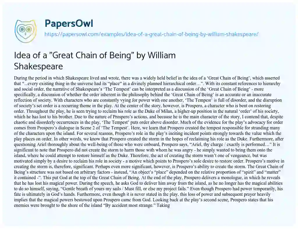 Essay on Idea of a “Great Chain of Being” by William Shakespeare