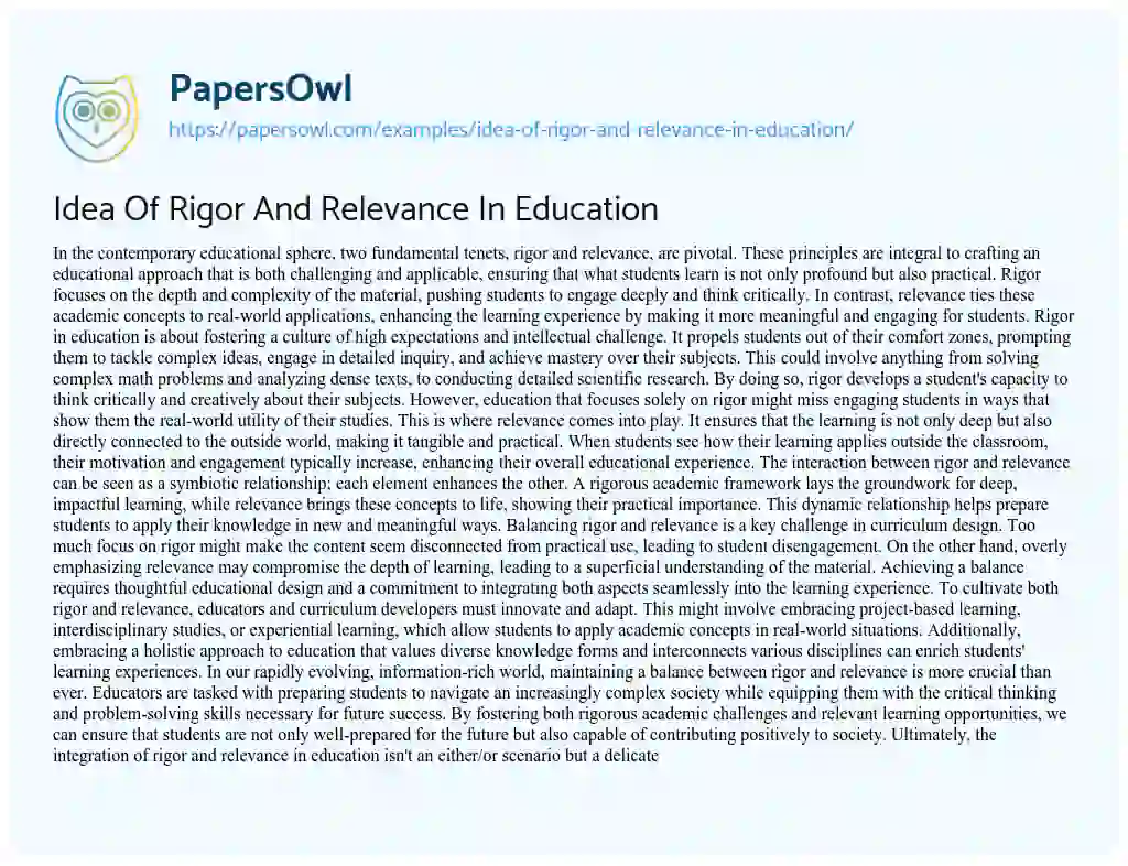 Essay on Idea of Rigor and Relevance in Education