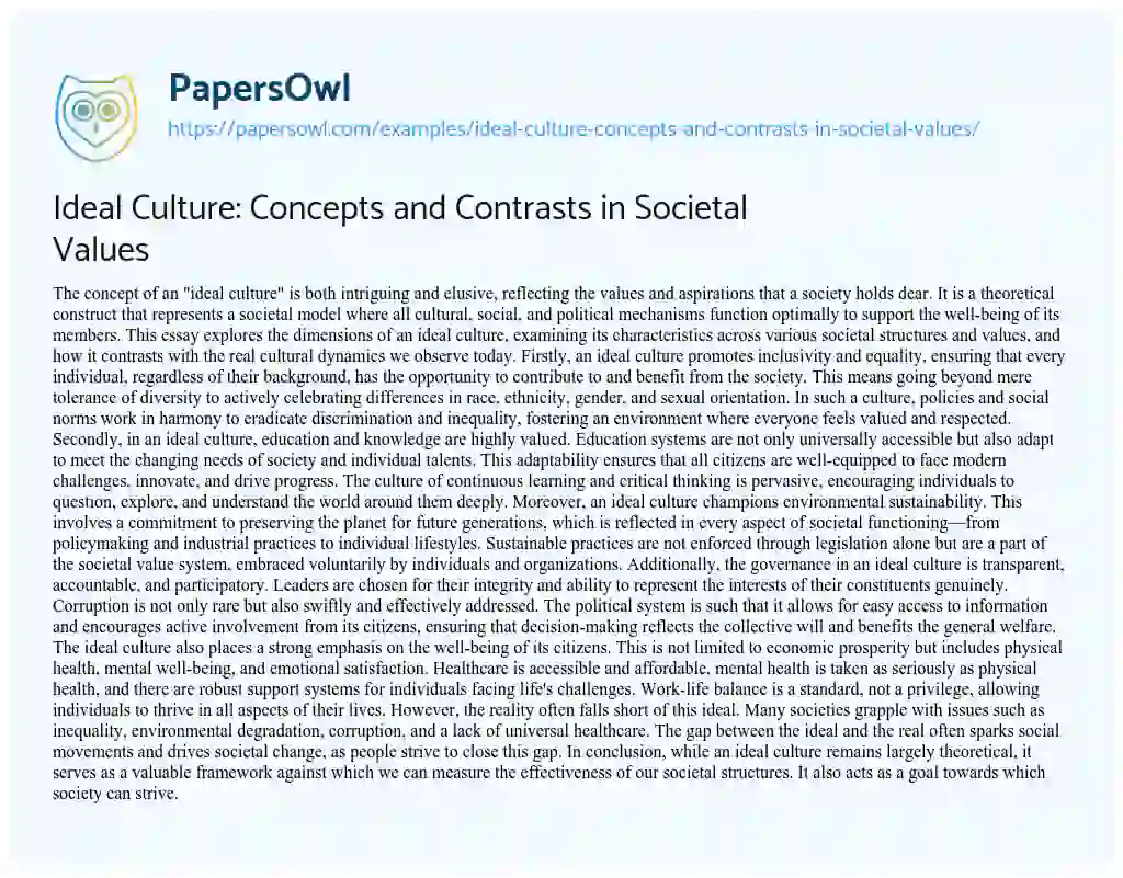 Essay on Ideal Culture: Concepts and Contrasts in Societal Values