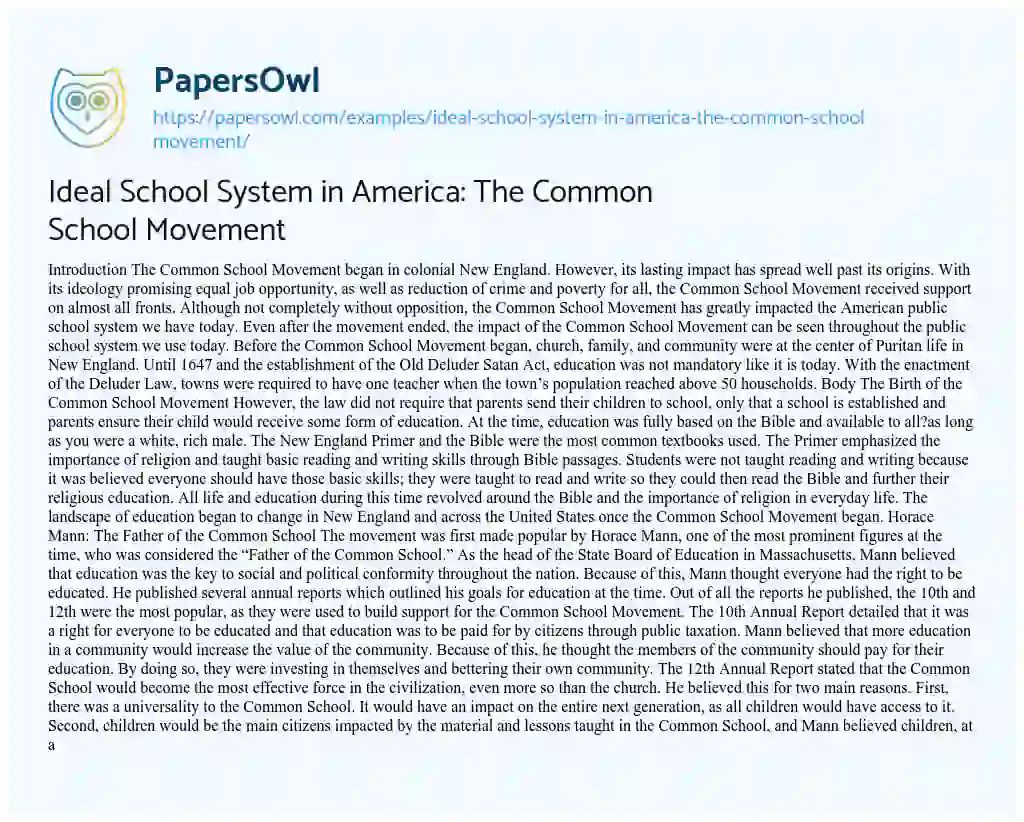 Essay on Ideal School System in America: the Common School Movement