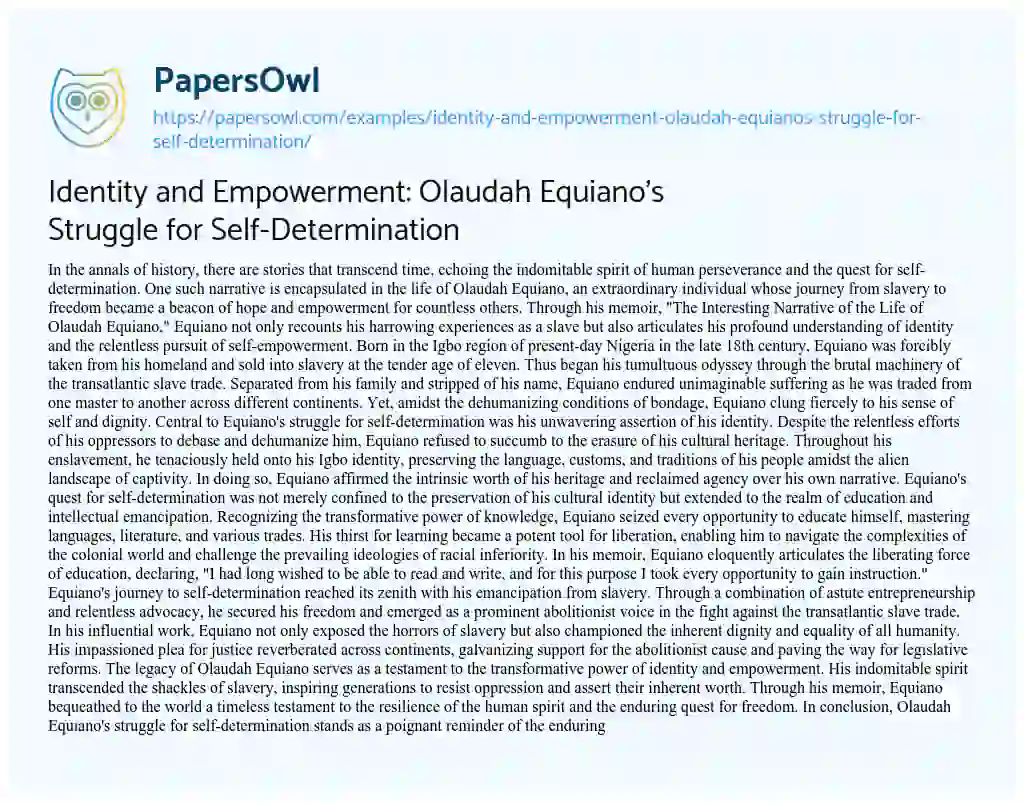 Essay on Identity and Empowerment: Olaudah Equiano’s Struggle for Self-Determination