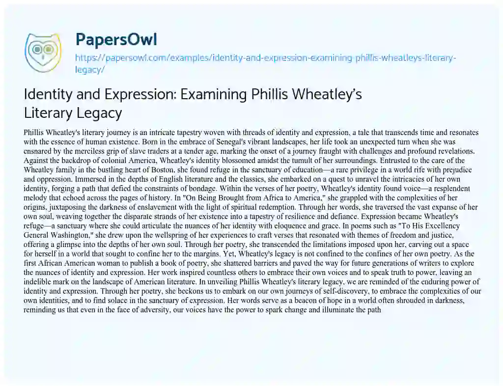 Essay on Identity and Expression: Examining Phillis Wheatley’s Literary Legacy