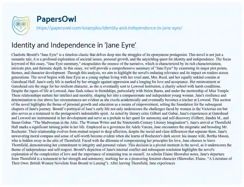 Essay on Identity and Independence in ‘Jane Eyre’