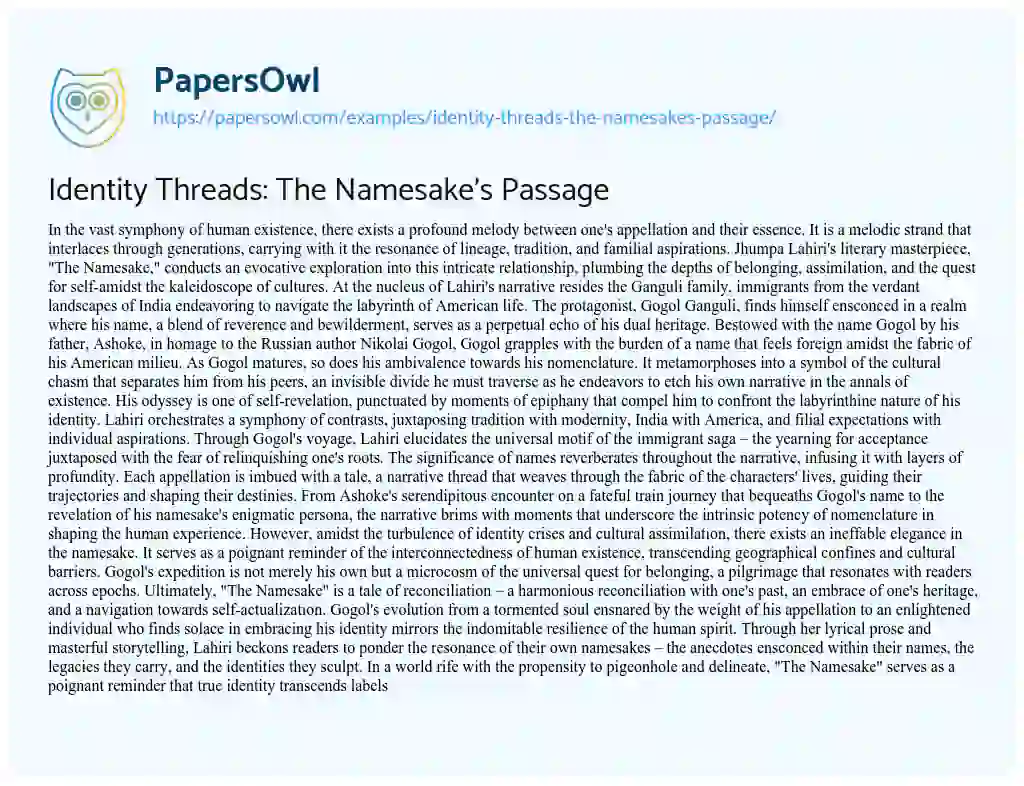 Essay on Identity Threads: the Namesake’s Passage