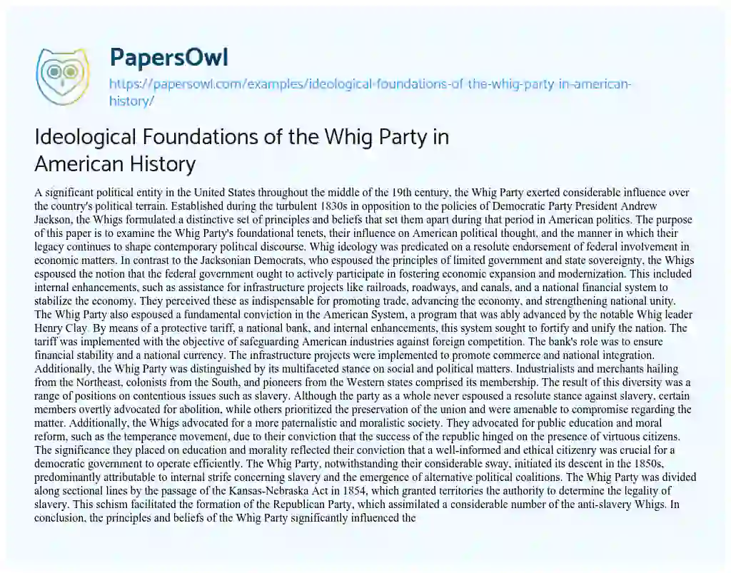Essay on Ideological Foundations of the Whig Party in American History