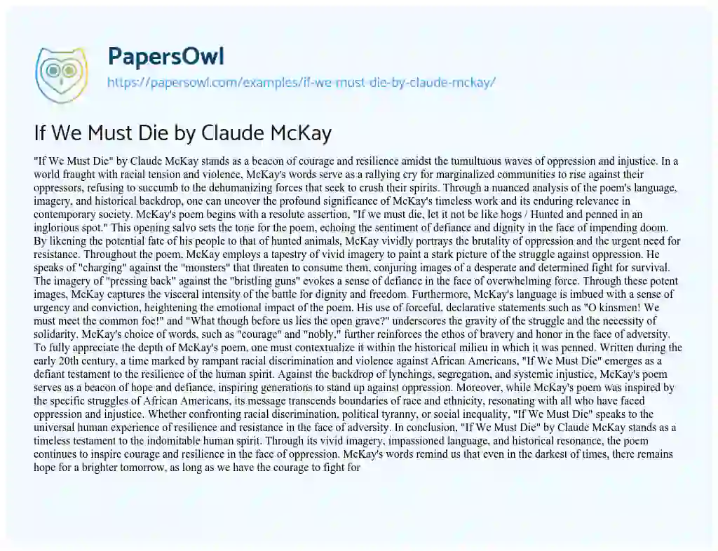 Essay on If we Must Die by Claude McKay