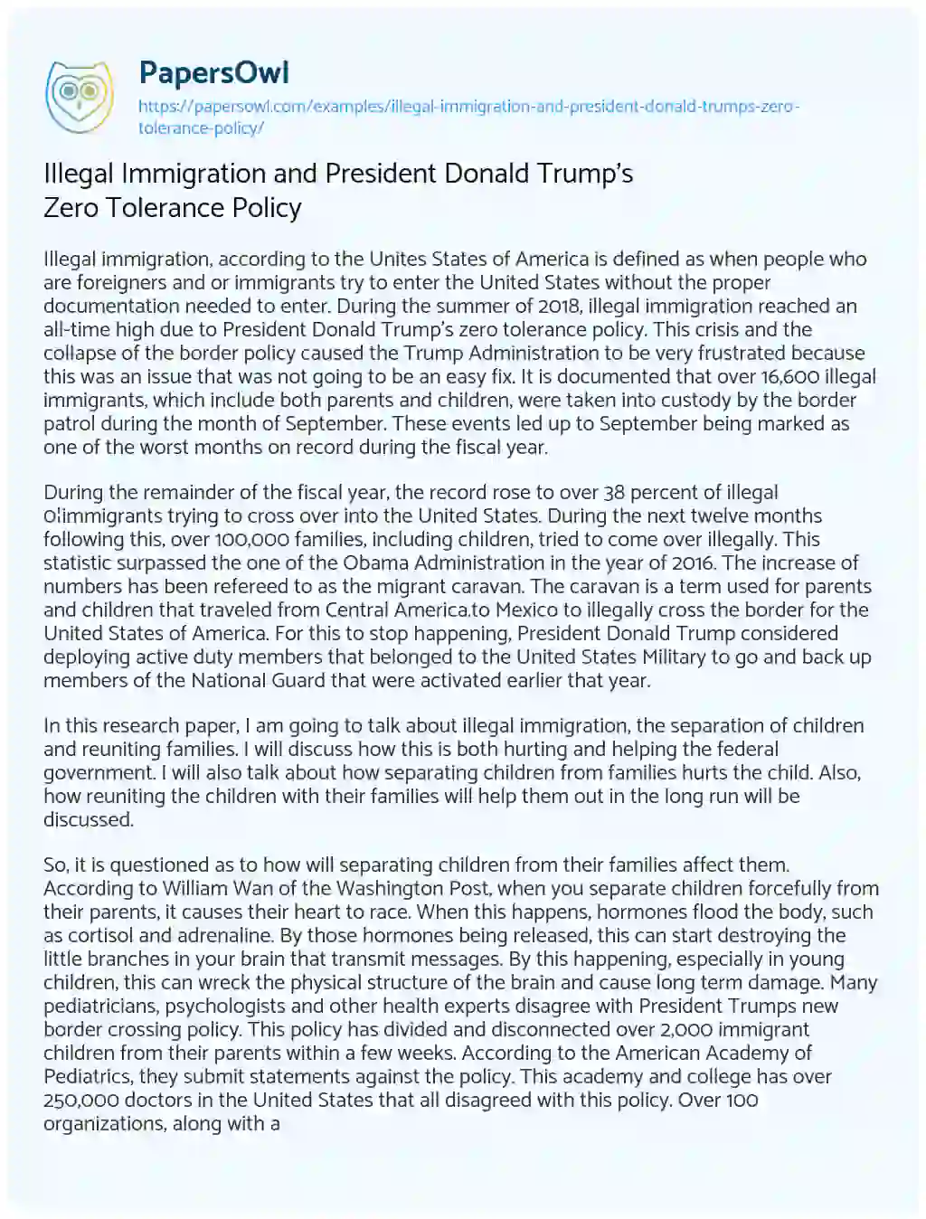 Essay on Illegal Immigration and President Donald Trump’s Zero Tolerance Policy