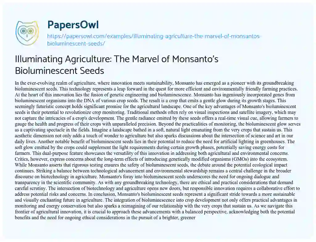 Essay on Illuminating Agriculture: the Marvel of Monsanto’s Bioluminescent Seeds