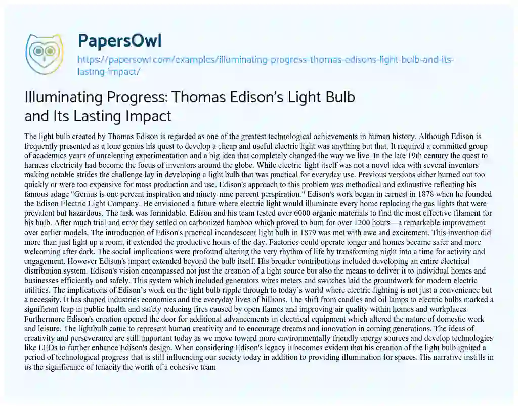 Essay on Illuminating Progress: Thomas Edison’s Light Bulb and its Lasting Impact