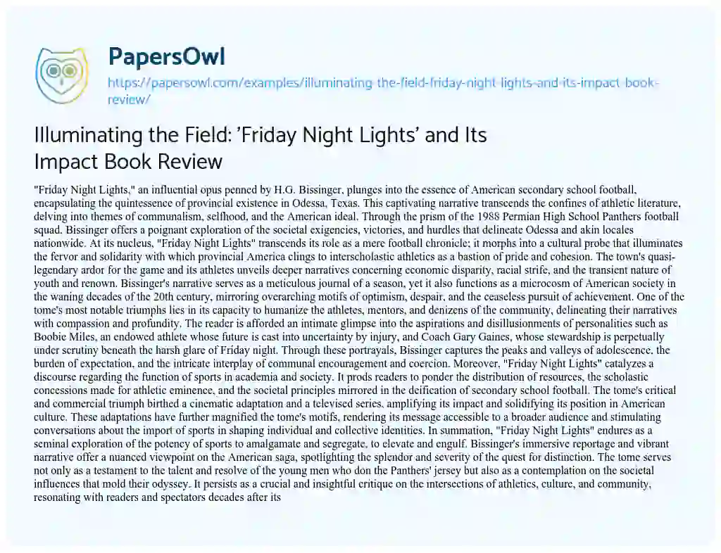 Essay on Illuminating the Field: ‘Friday Night Lights’ and its Impact Book Review