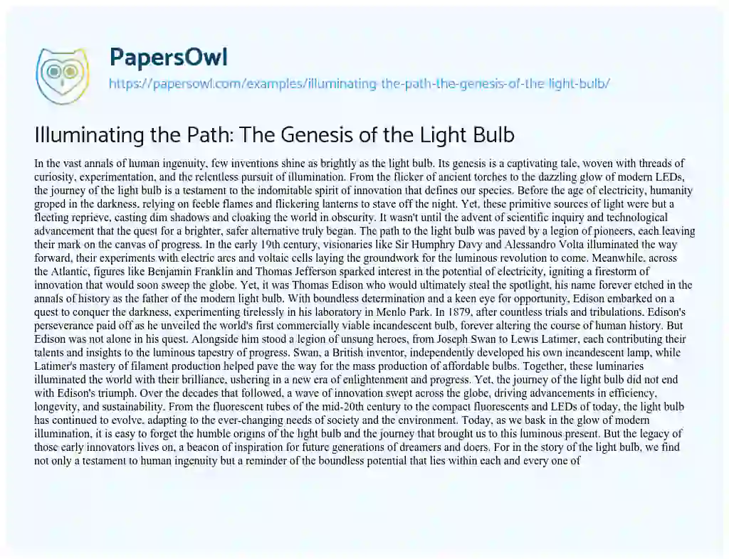Essay on Illuminating the Path: the Genesis of the Light Bulb
