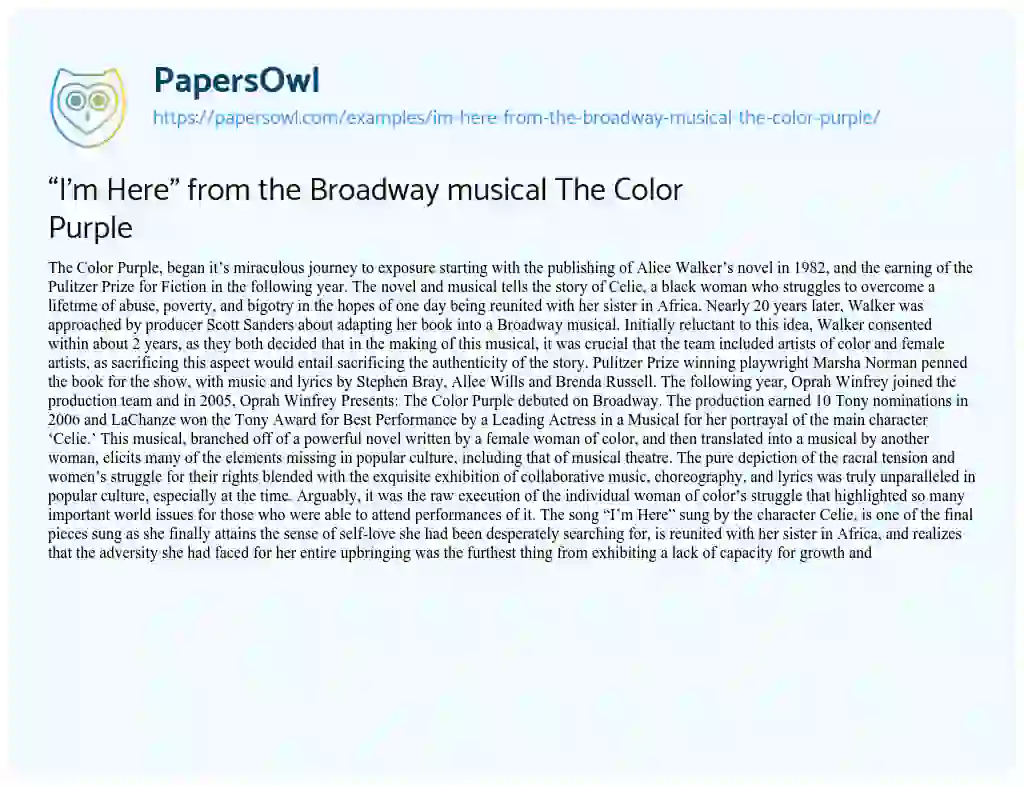 Essay on “I’m Here” from the Broadway Musical the Color Purple