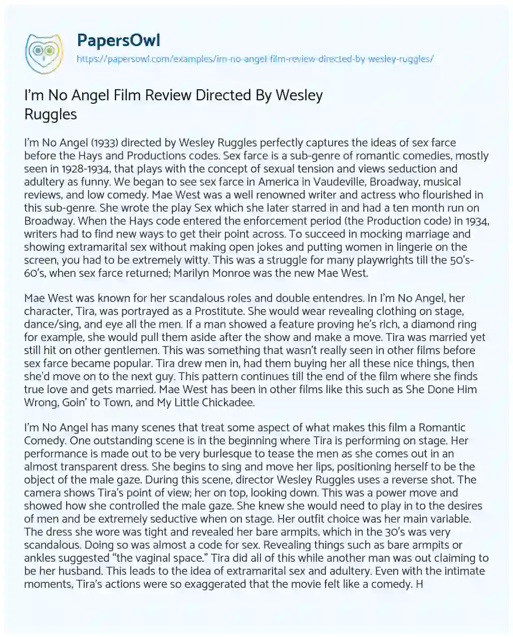 Essay on I’m no Angel Film Review Directed by Wesley Ruggles