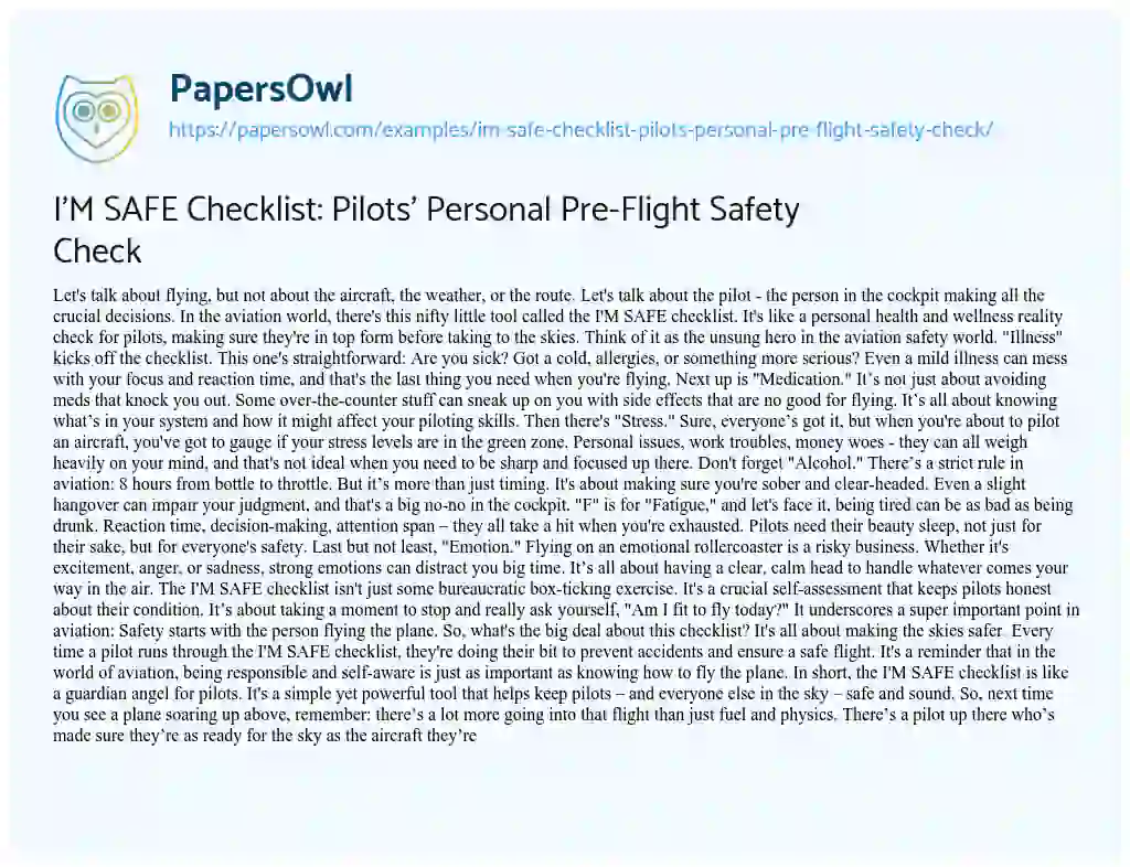 Essay on I’M SAFE Checklist: Pilots’ Personal Pre-Flight Safety Check
