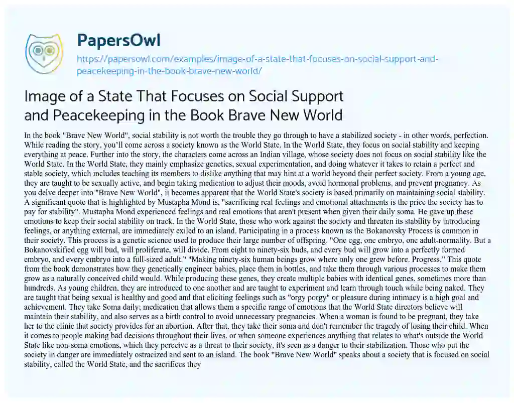 Image of a State that Focuses on Social Support and Peacekeeping in the Book Brave New World essay