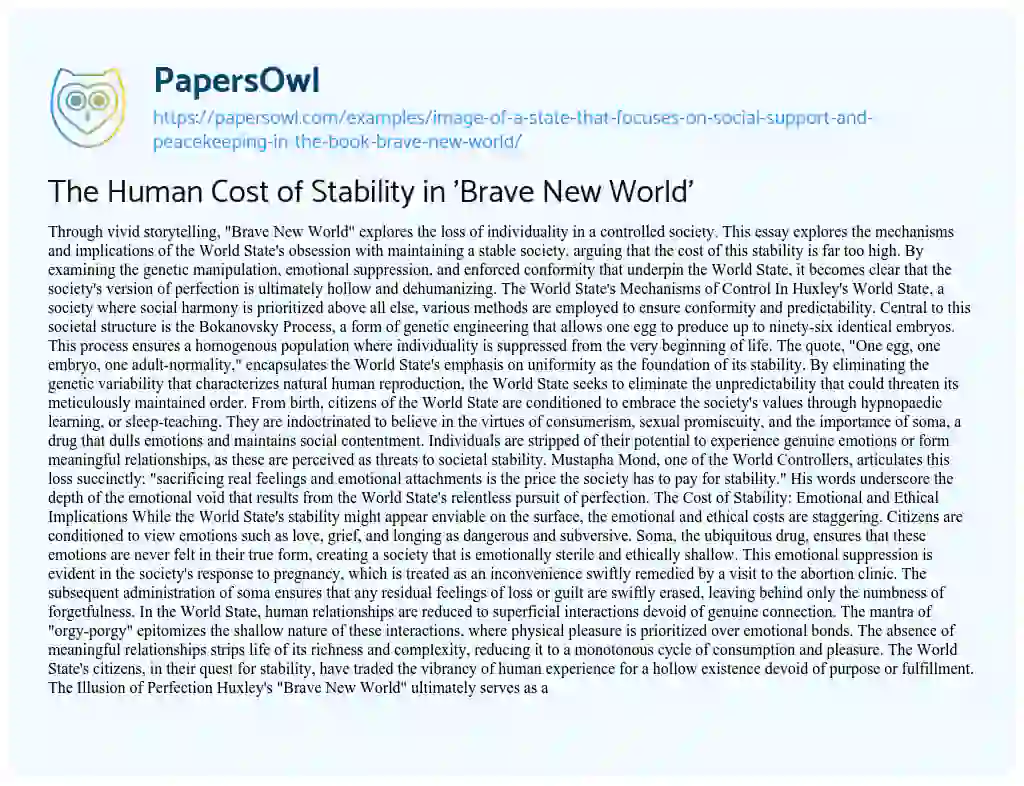 Essay on Image of a State that Focuses on Social Support and Peacekeeping in the Book Brave New World