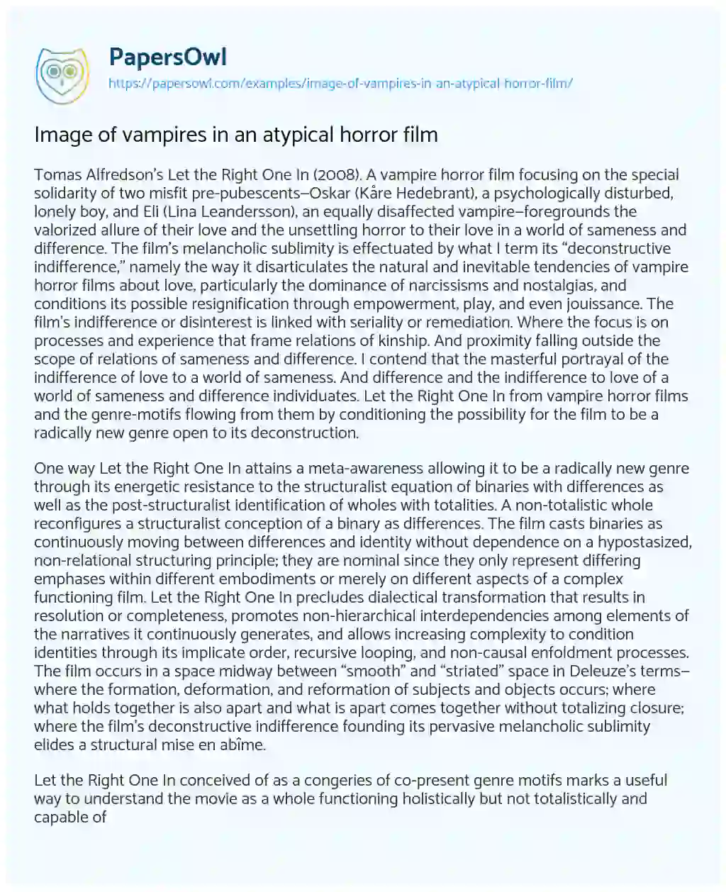 Essay on Image of Vampires in an Atypical Horror Film