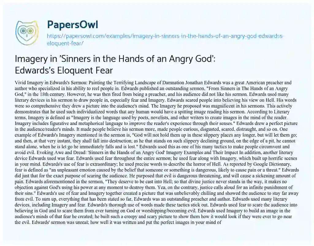 Essay on Imagery in ‘Sinners in the Hands of an Angry God’: Edwards’s Eloquent Fear