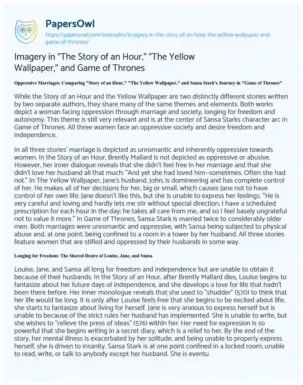 Essay on Imagery in “The Story of an Hour,” “The Yellow Wallpaper,” and Game of Thrones