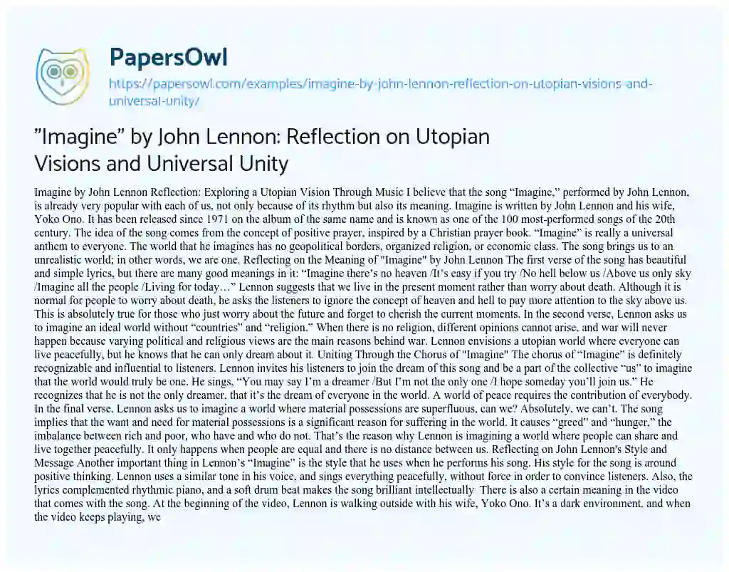 Essay on “Imagine” by John Lennon: Reflection on Utopian Visions and Universal Unity