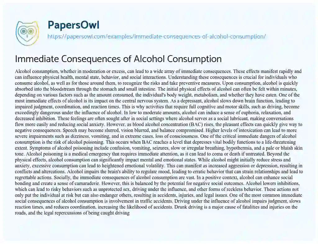 Essay on Immediate Consequences of Alcohol Consumption